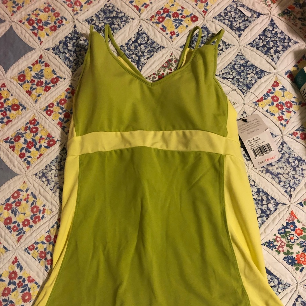 Cozy Orange yoga top in chartreuse.